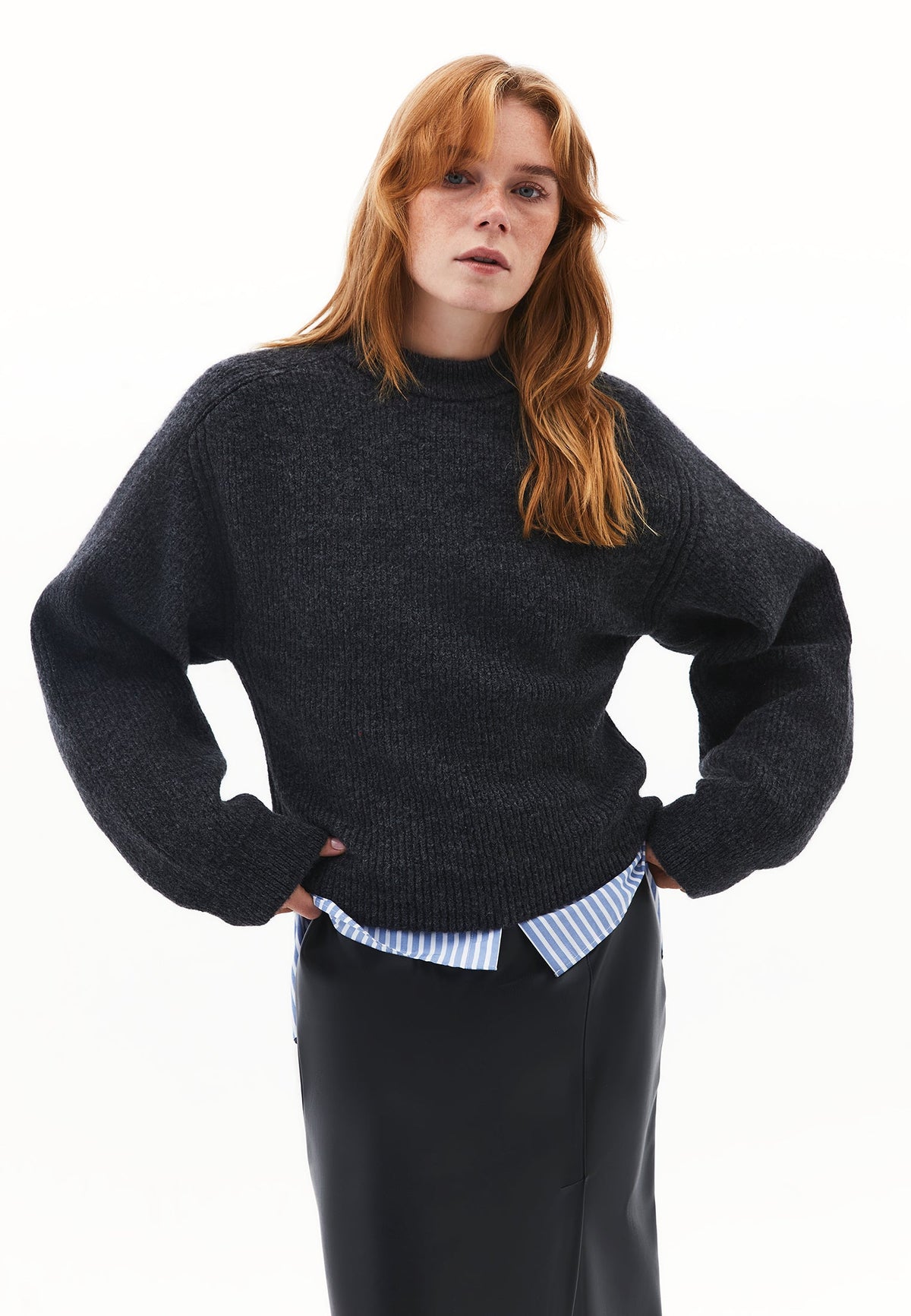 Crew Neck Long Sleeve Sweater - ANTHRA MELANGE