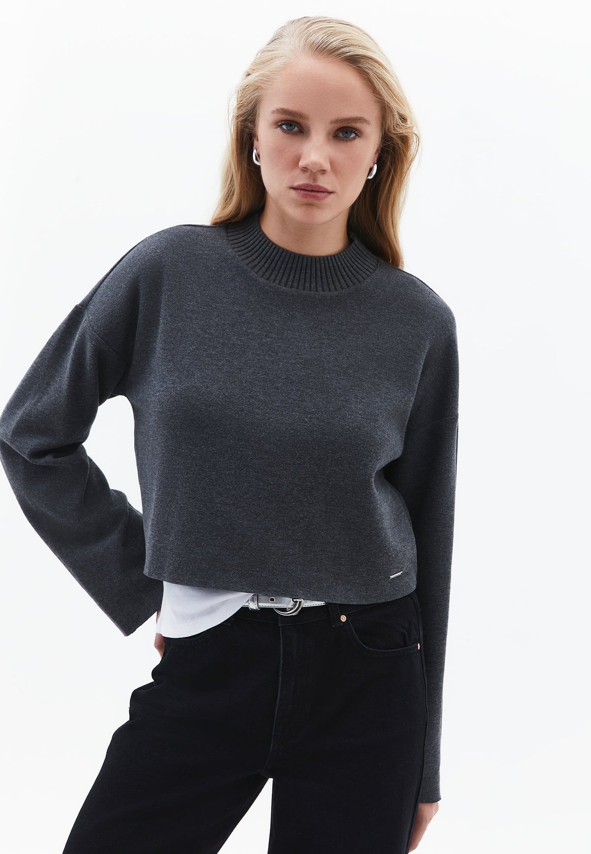 Crop High Neck Long Sleeve Sweater - ANTHRA MELANGE