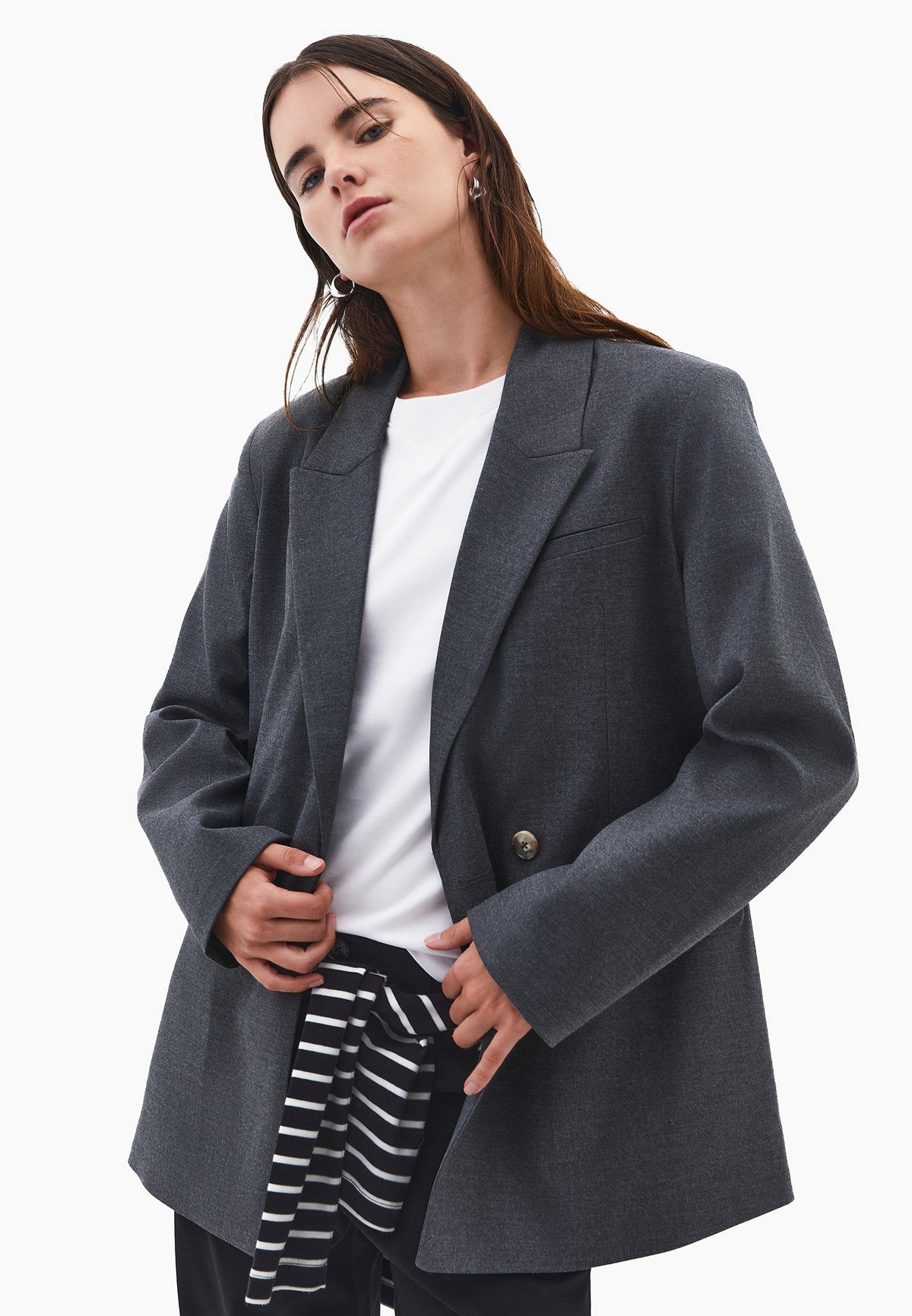 Double Breasted Lapel Oversize Blazer - ANTHRA MELANGE