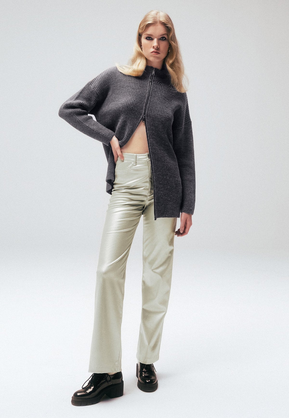 Long Sleeve High Neck Knit Cardigan - ANTHRA MELANGE