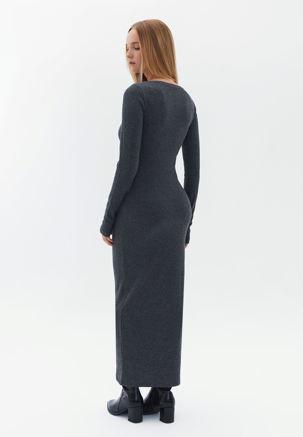 Long Sleeve Square Neck Bodycon Dress - ANTHRA MELANGE