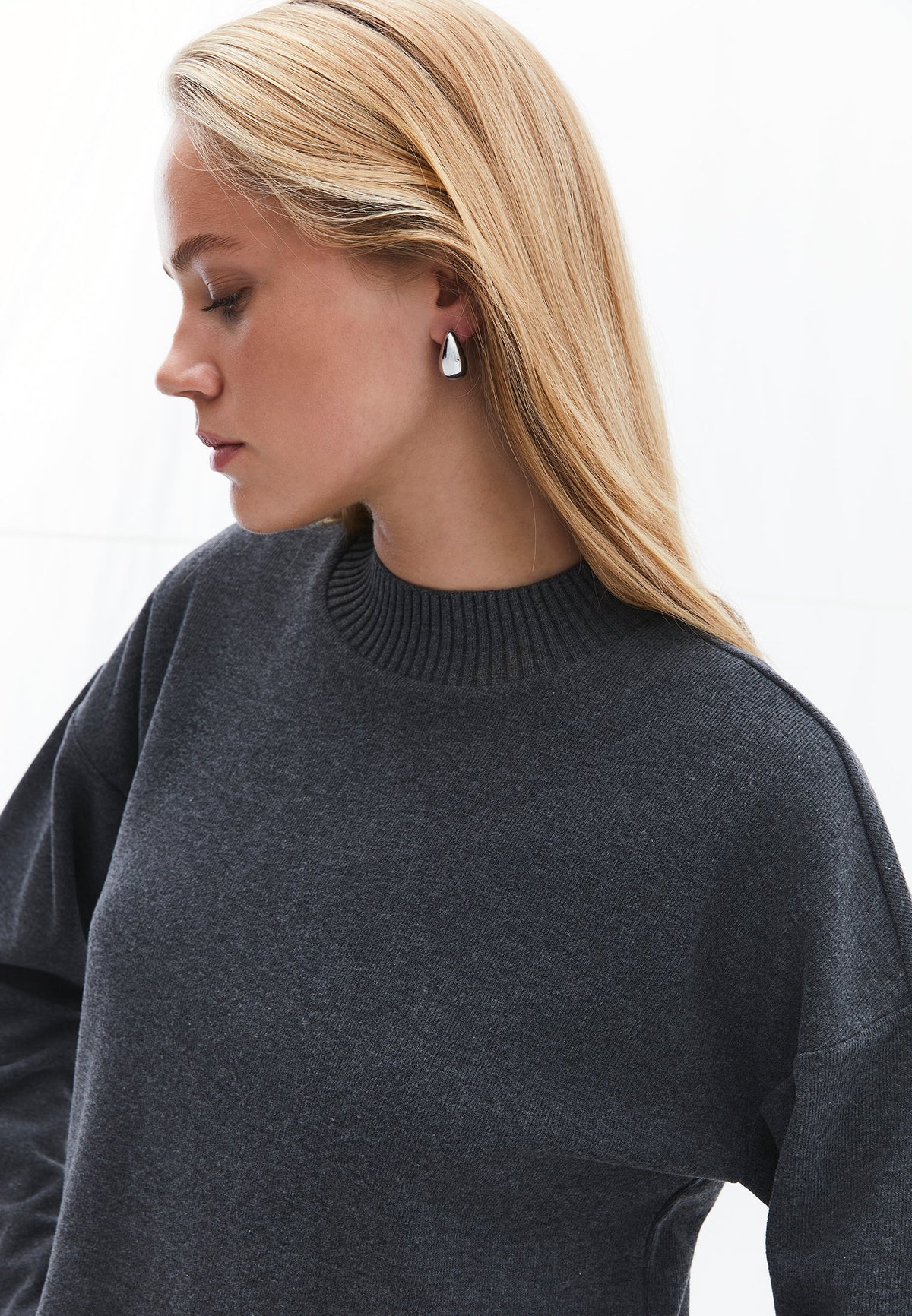 Crop High Neck Long Sleeve Sweater - ANTHRA MELANGE