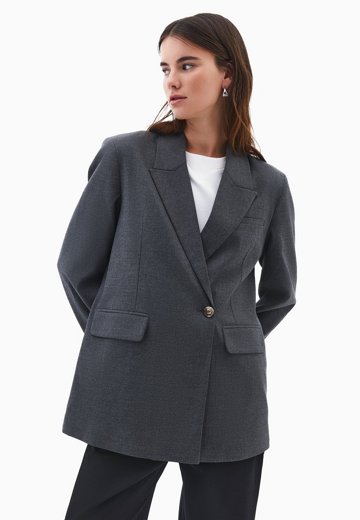 Double Breasted Lapel Oversize Blazer - ANTHRA MELANGE
