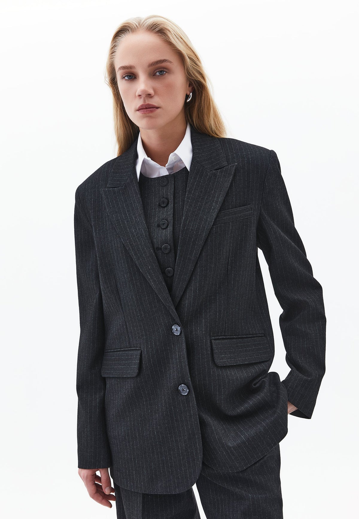 Boyfriend Fit Long Blazer - ANTHRA STRIPE