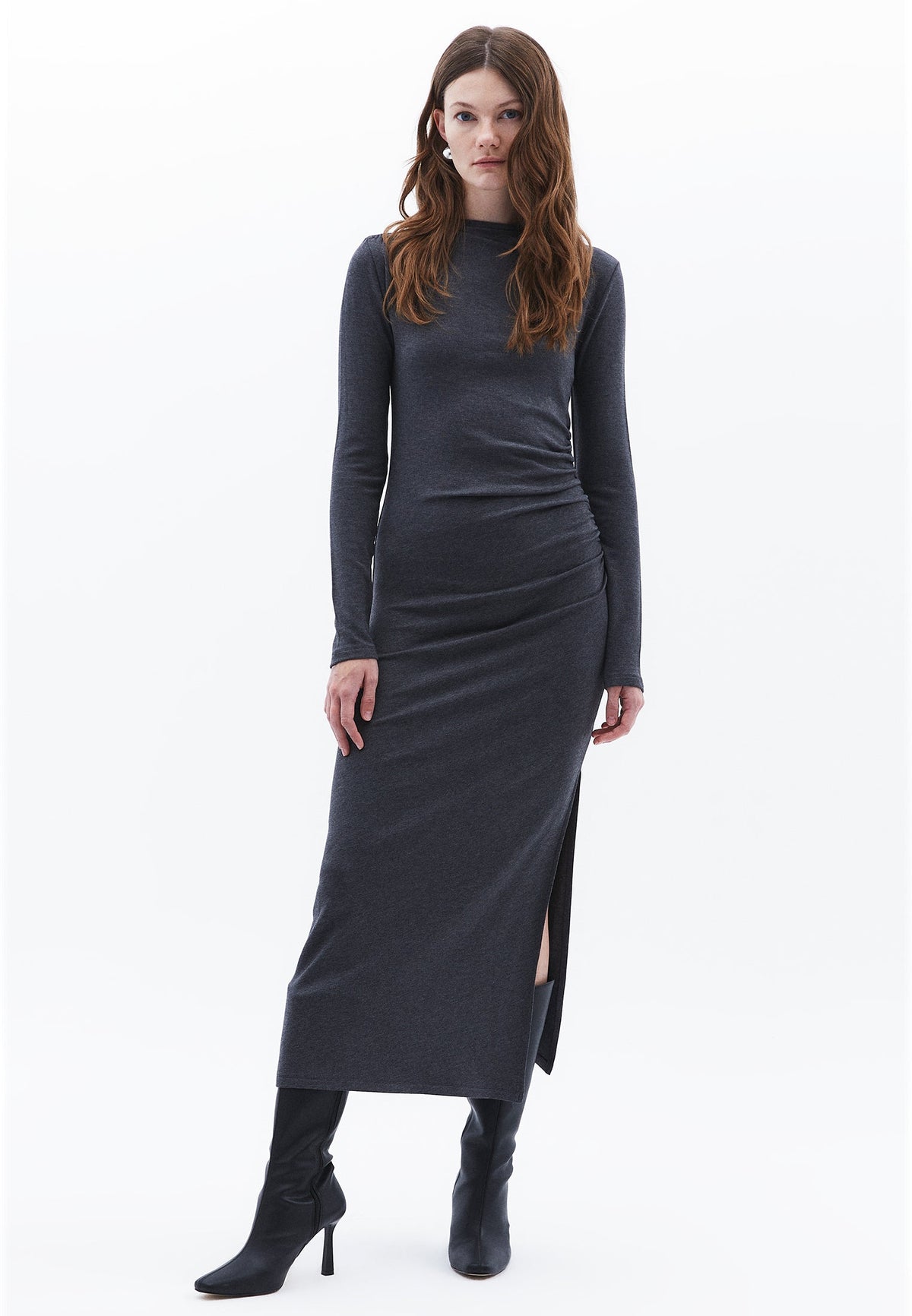 High Neck Long Sleeve Ruched Long Slim Dress - ANTRA MELANGE
