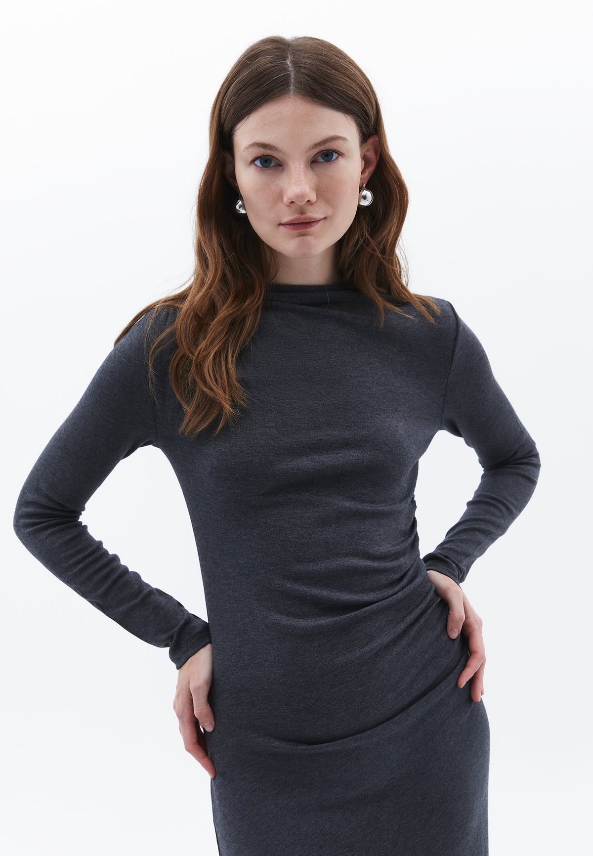 High Neck Long Sleeve Ruched Long Slim Dress - ANTRA MELANGE