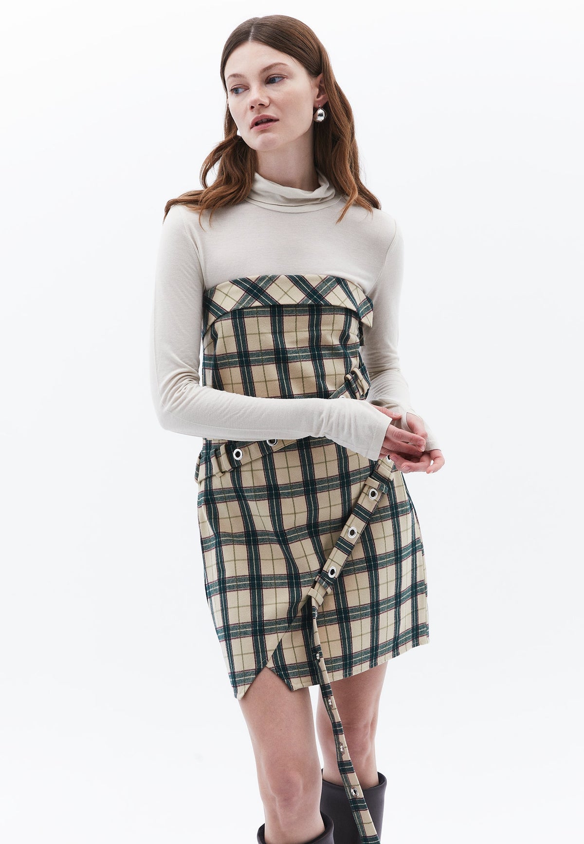 Belted Sleeveless Strapless Short Dress - BEIGE CHECK COMB