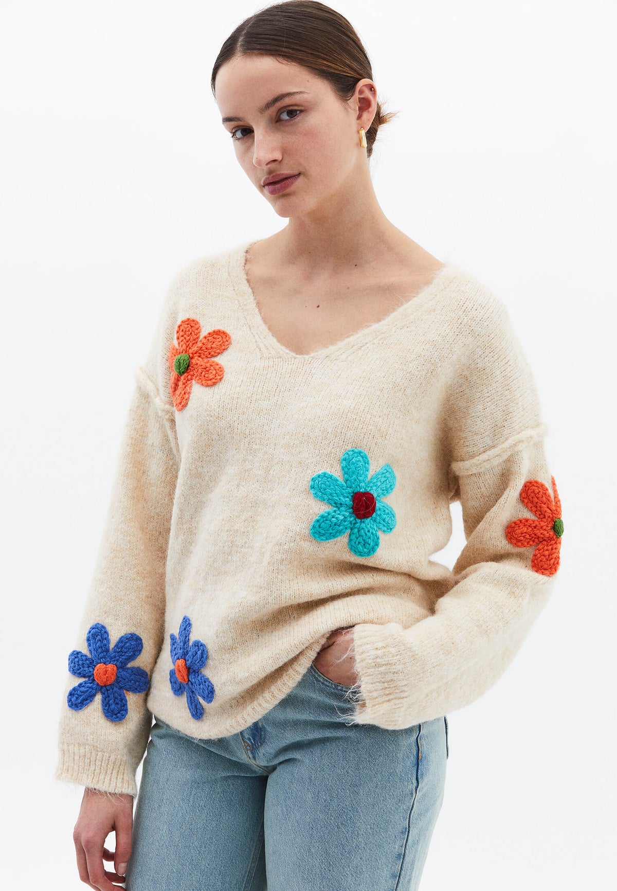 Deep V Neck Loose Knit Sweater - BEIGE MELANGE