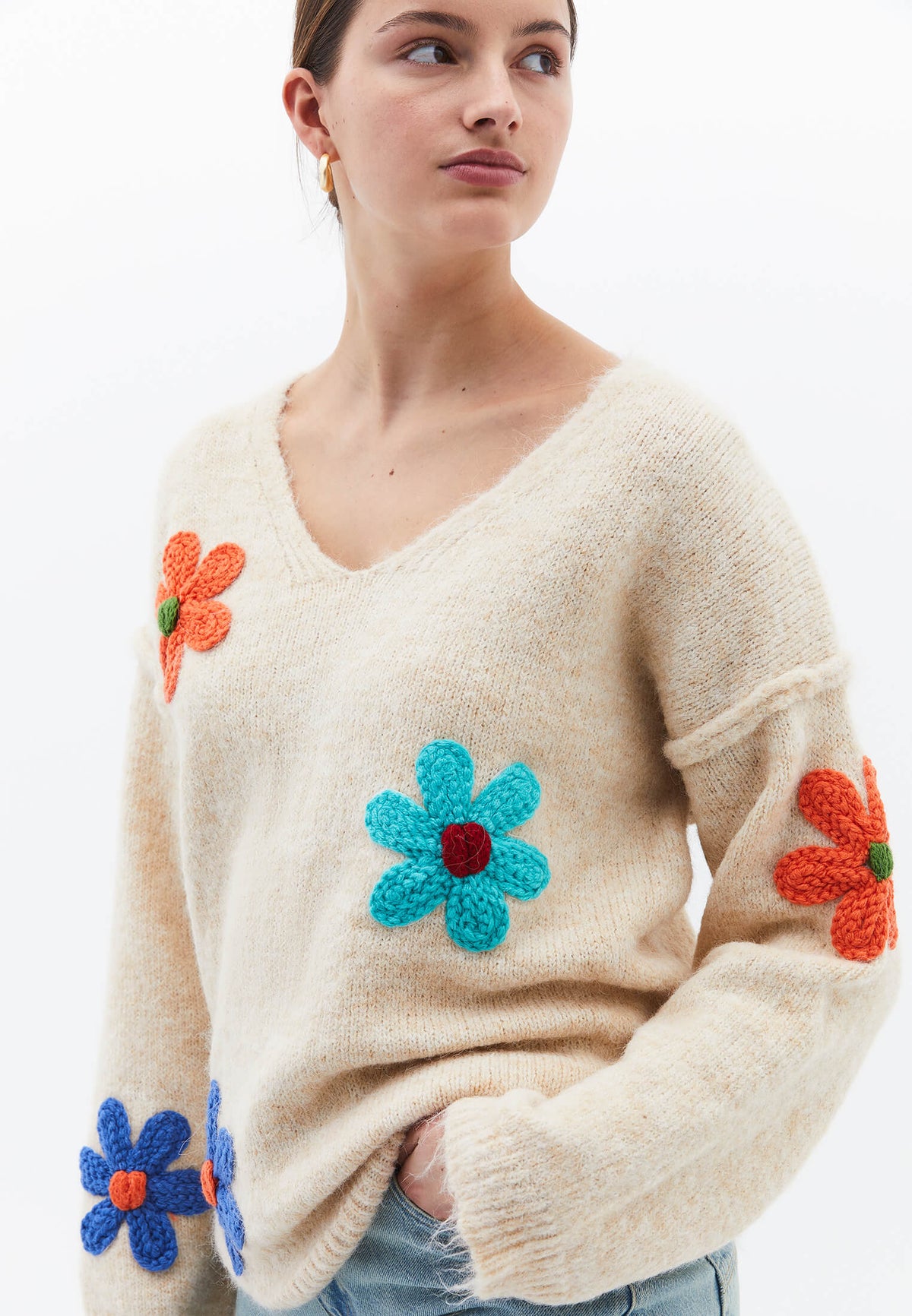 Deep V Neck Loose Knit Sweater - BEIGE MELANGE