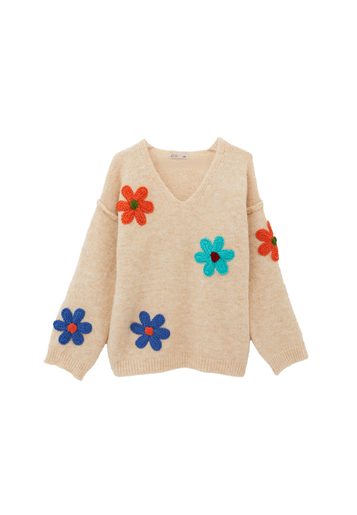 Deep V Neck Loose Knit Sweater - BEIGE MELANGE