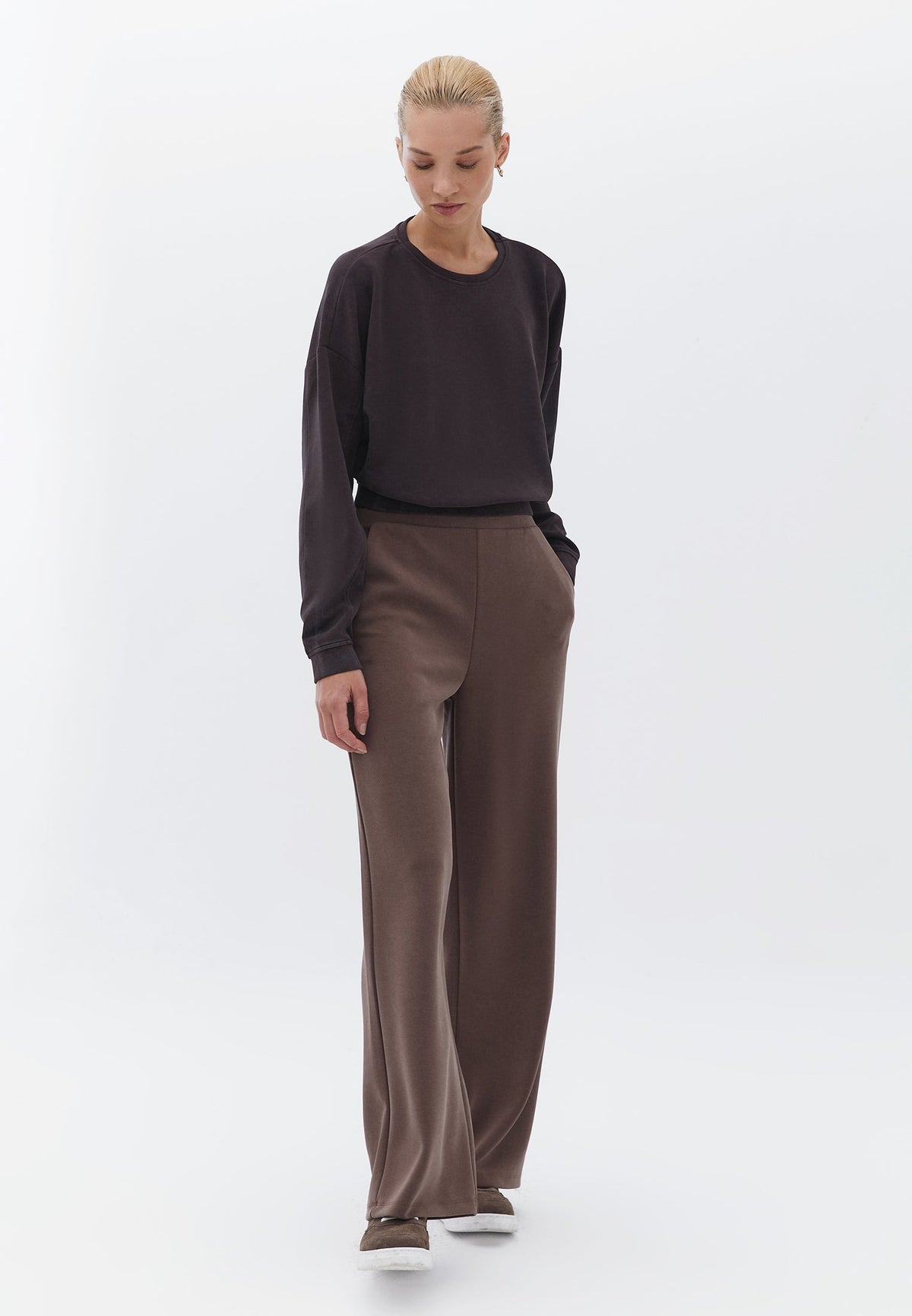 Short Sweatshirt Crew Neck Long Sleeve - BLACK COFFEE