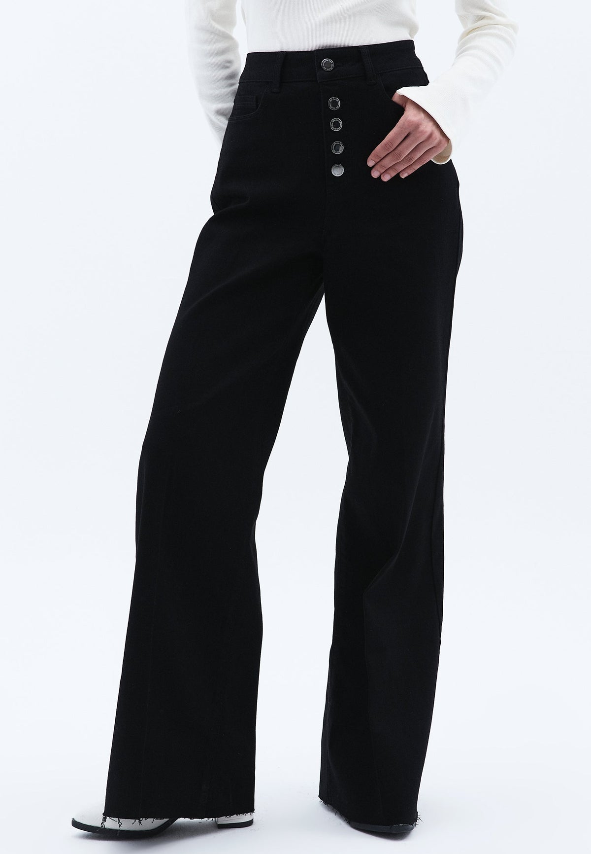 Wide Leg Denim Pants - BLACK DENIM