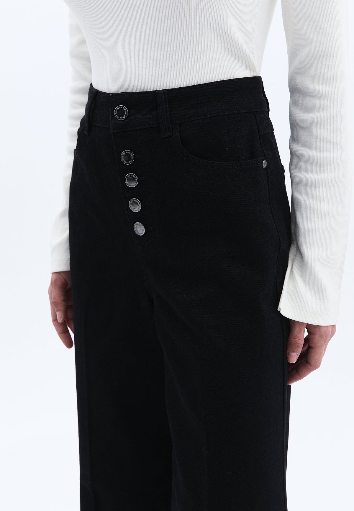 Wide Leg Denim Pants - BLACK DENIM