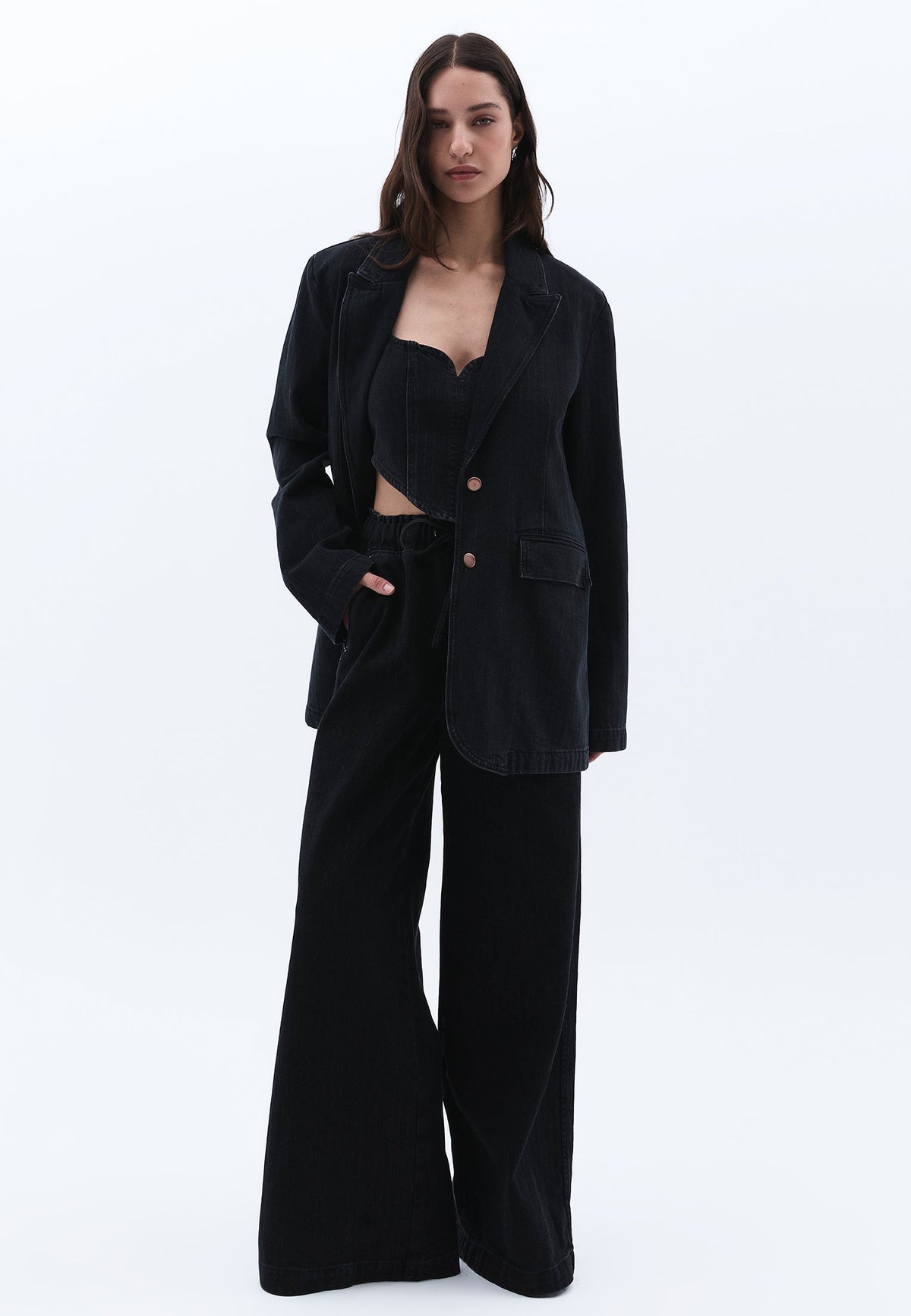 Double Breasted Lapel Boyfriend Blazer Jacket - BLACK DENIM