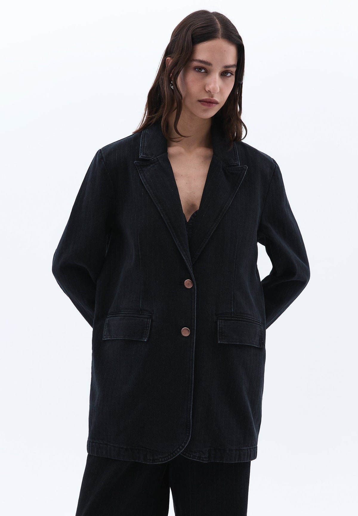 Double Breasted Lapel Boyfriend Blazer Jacket - BLACK DENIM