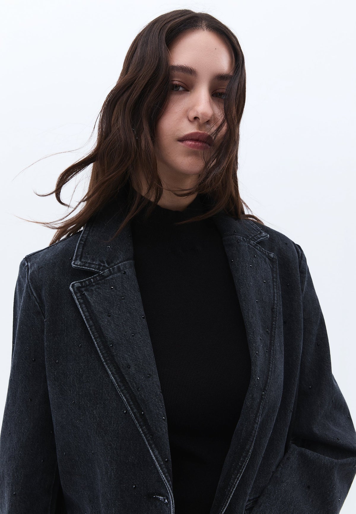 Double-Breasted Collar Oversize Tunic Blazer Jacket - BLACK DENIM