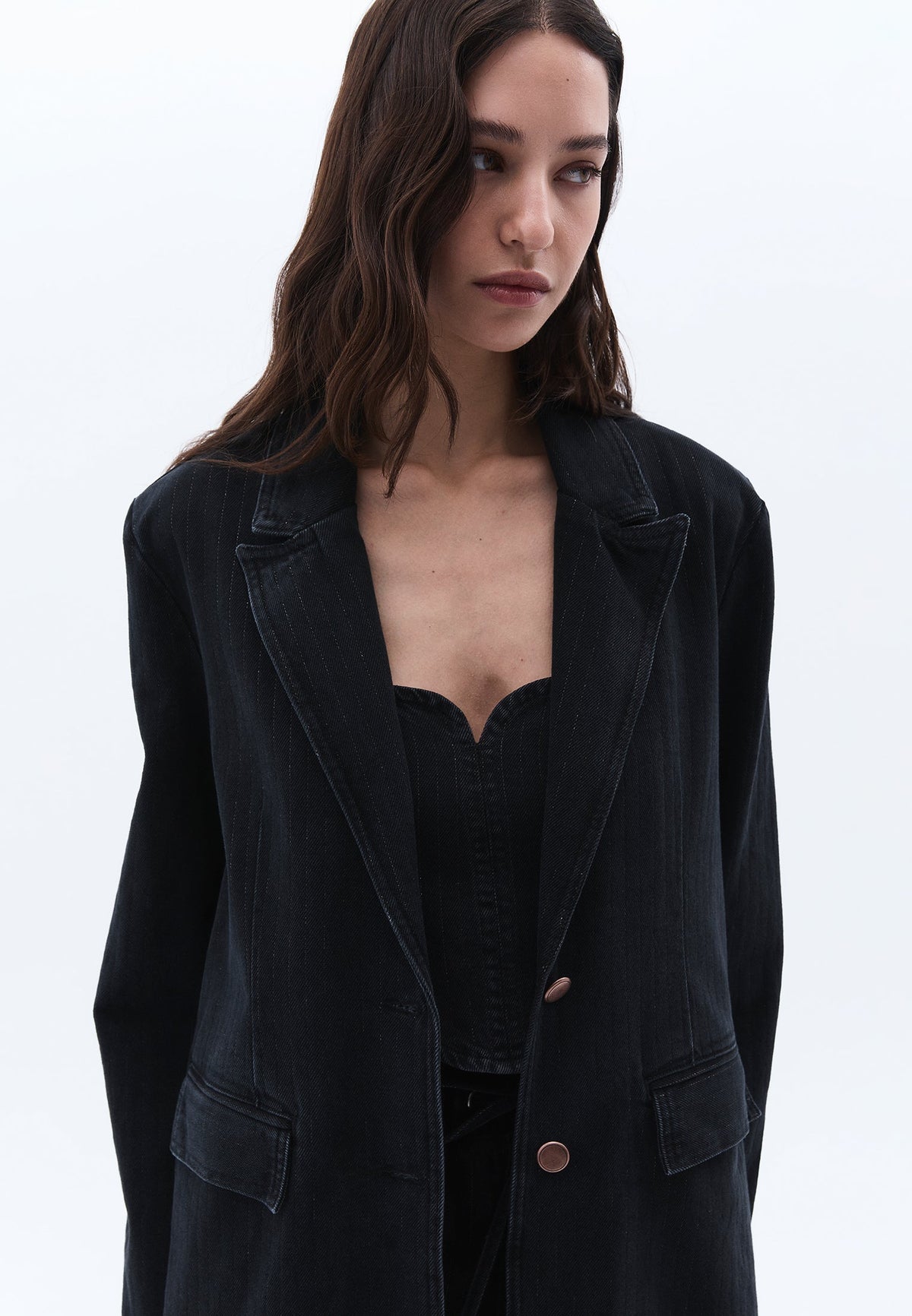 Double Breasted Lapel Boyfriend Blazer Jacket - BLACK DENIM