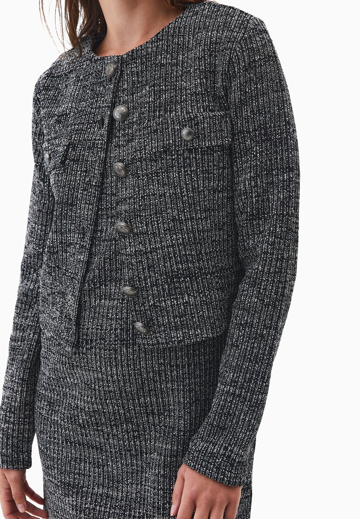 Buttoned Round Neck Cardigan - BLACK MELANGE