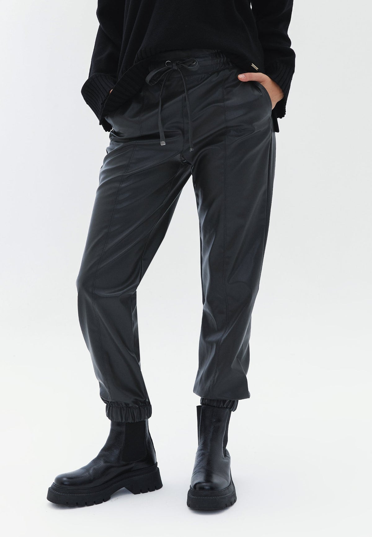 High Waist Cut Jogger Pants - BLACK OLIVE