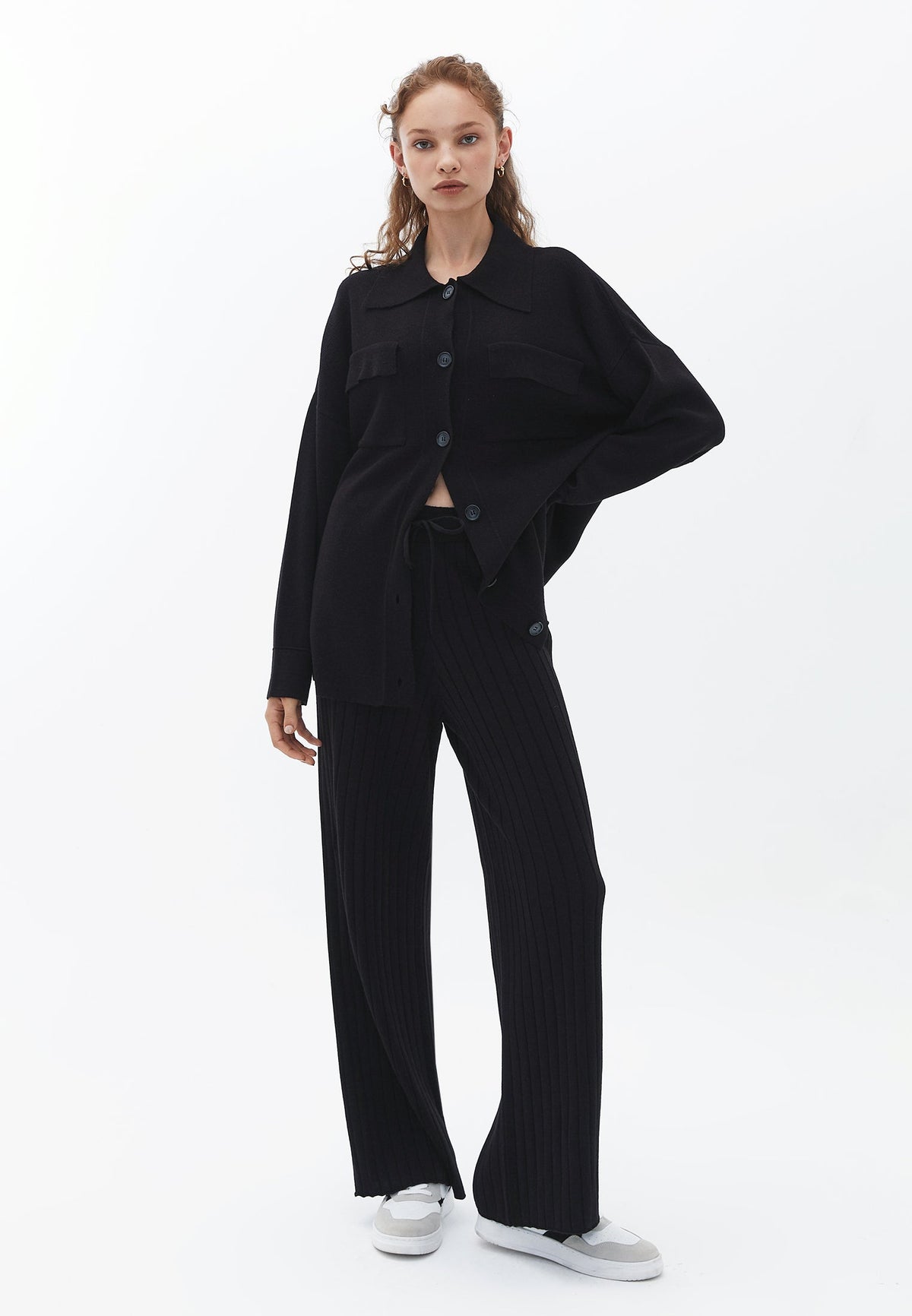 Ribbed Straight Leg Comfortable Knit Pants - BLACK