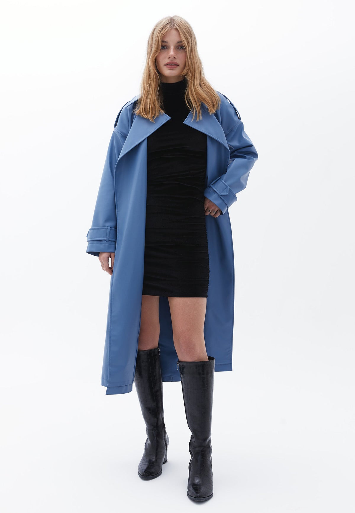 Bodycon Short High Neck Long Sleeve Ruched Dress - BLACK