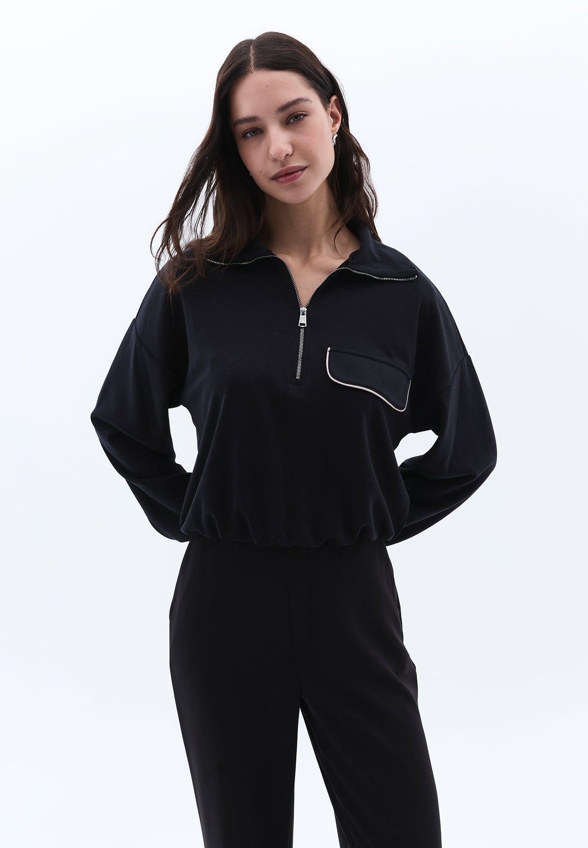 Sweatshirt With Pocket Detail And High Collar - BLACK