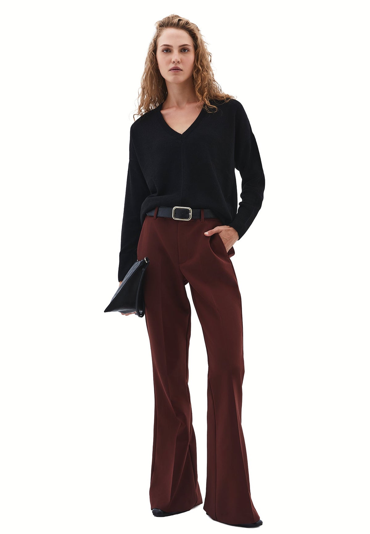 Long V-Neck Knit Sweater With Cashmere Blend - BLACK