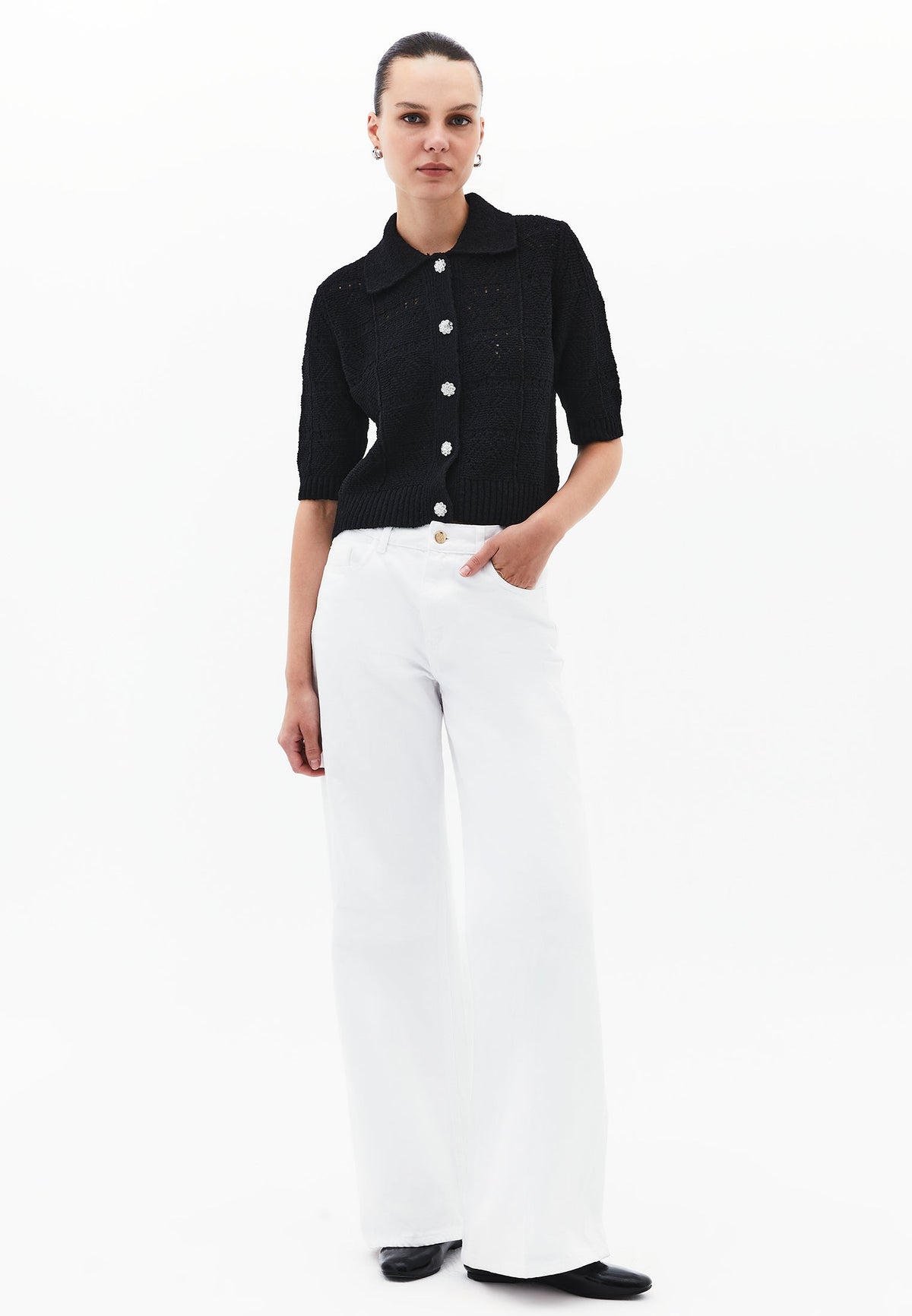 Ajour Short Cardigan With Polo Collar - BLACK