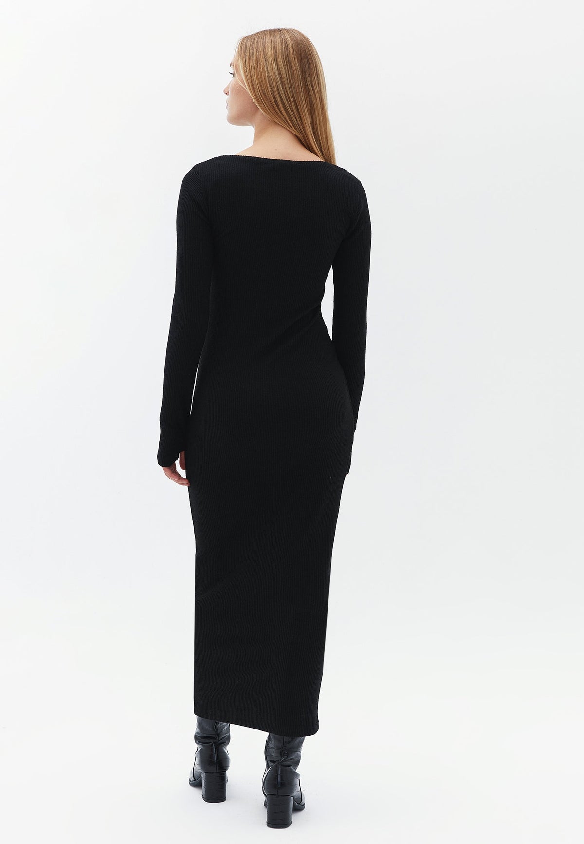 Long Sleeve Square Neck Bodycon Dress - BLACK