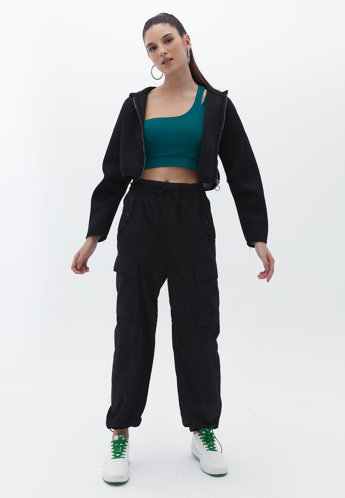 Crop Zip-Up Long Sleeve Cardigan - BLACK
