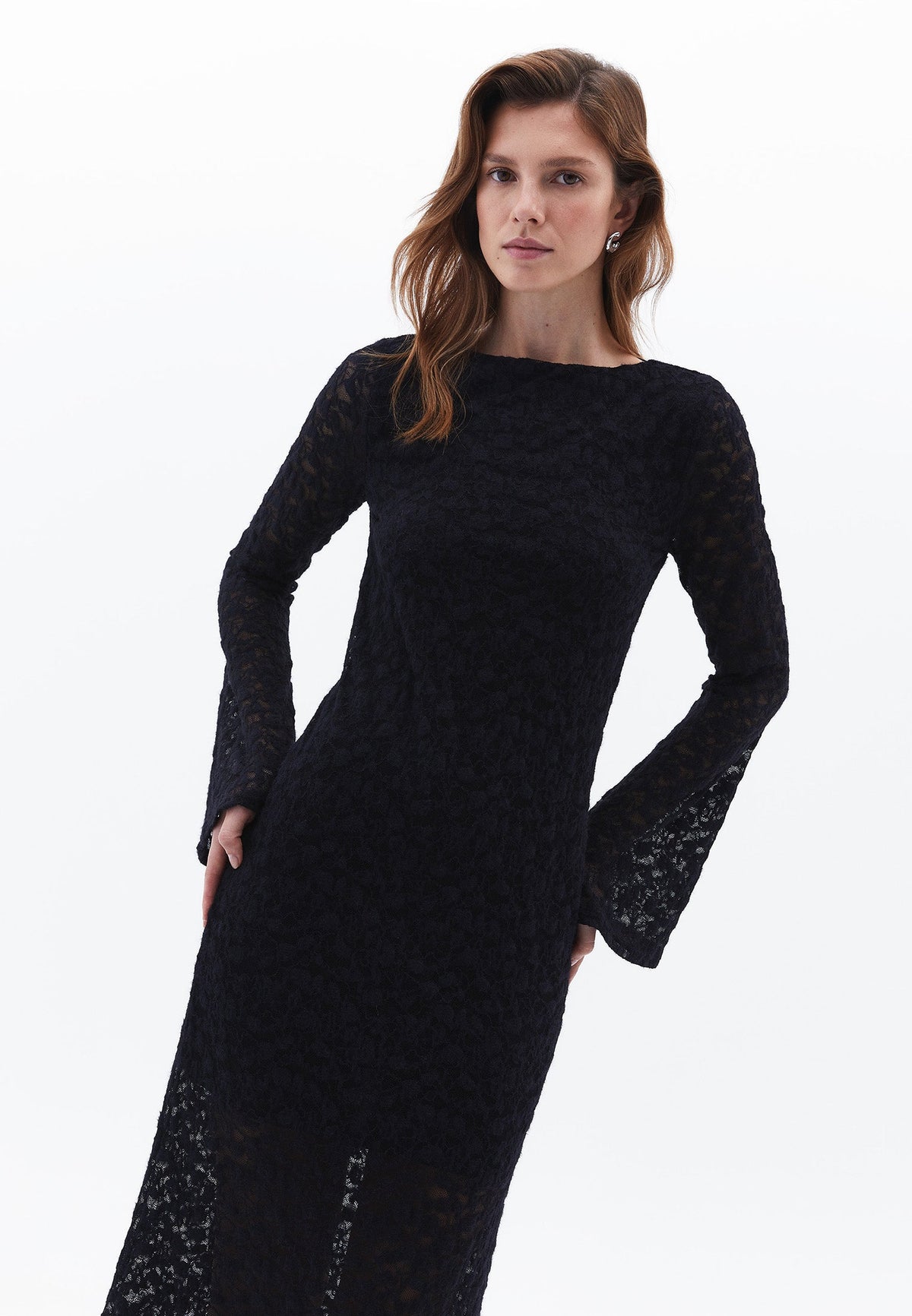 Boat Neck Long Dress - BLACK