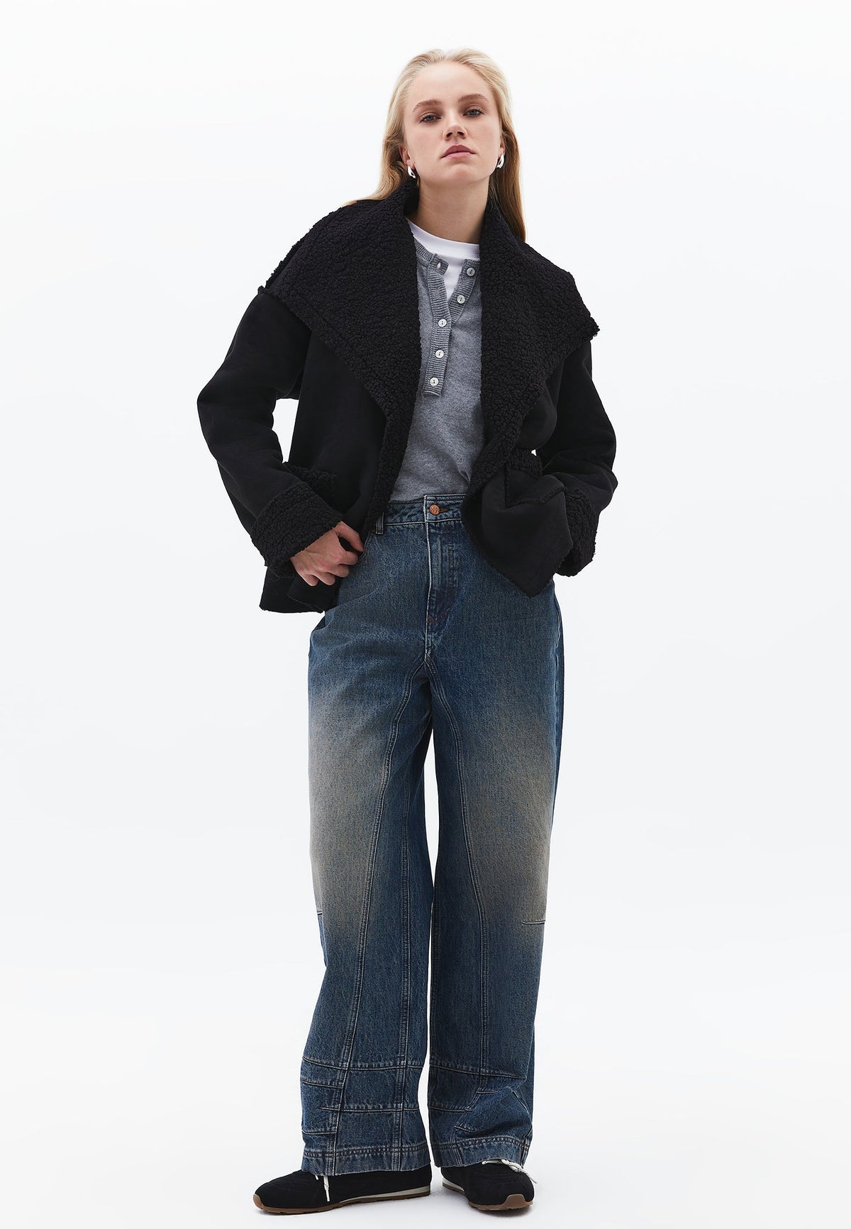 Shawl Collar Long Sleeve Bouclé Jacket - BLACK