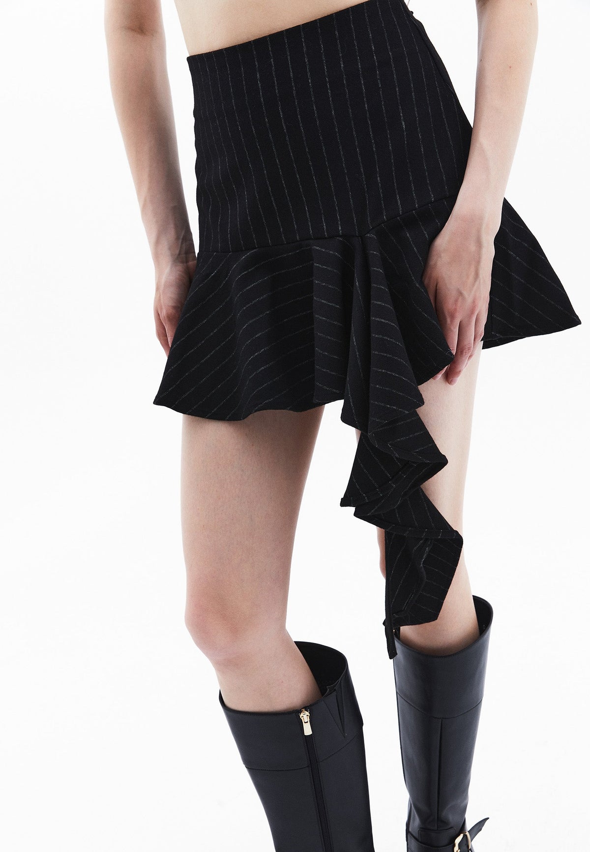 Asymmetric Striped Flared Short Skirt - BLACK