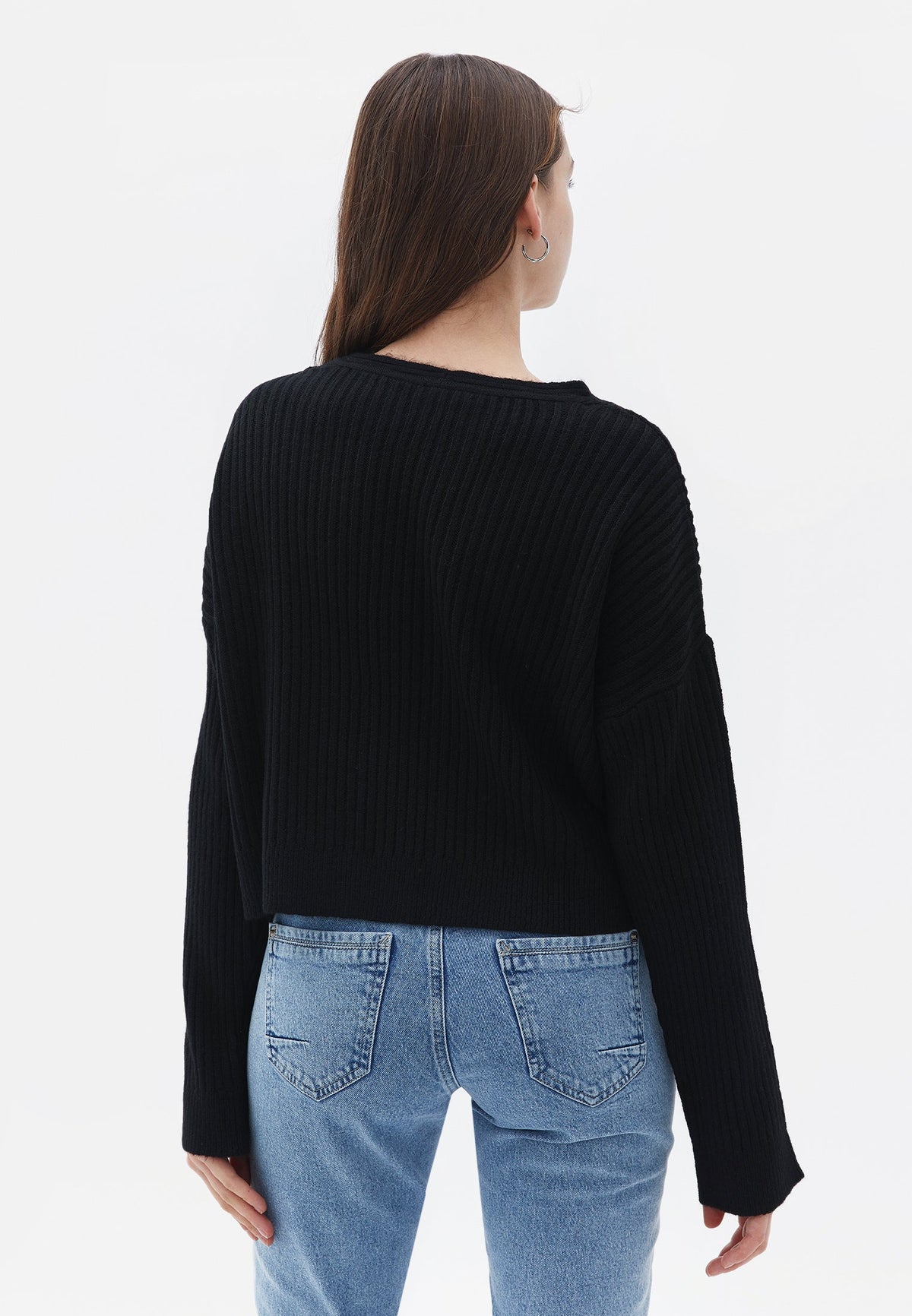 V Neck Raglan Sleeve Sweater - BLACK