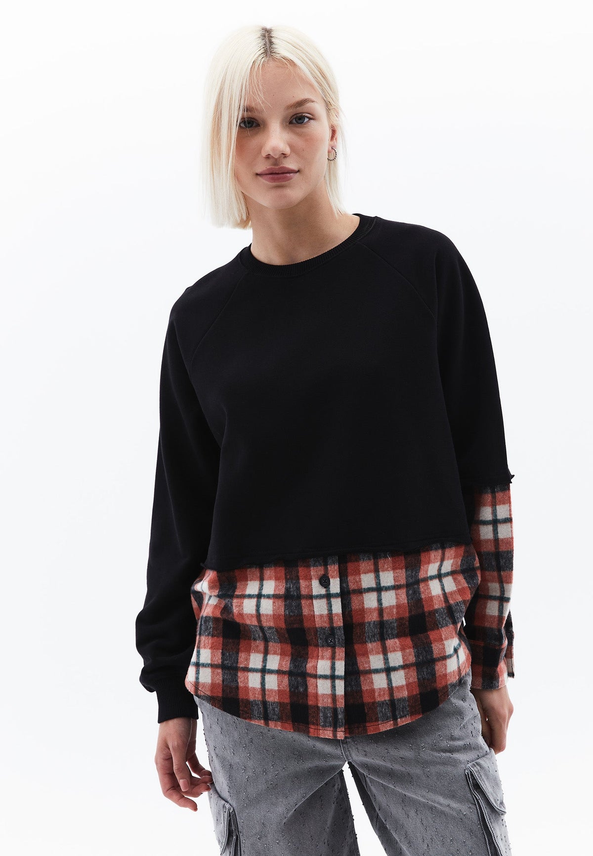 Oversize Asymmetric Plaid Sweat Tunic - BLACK