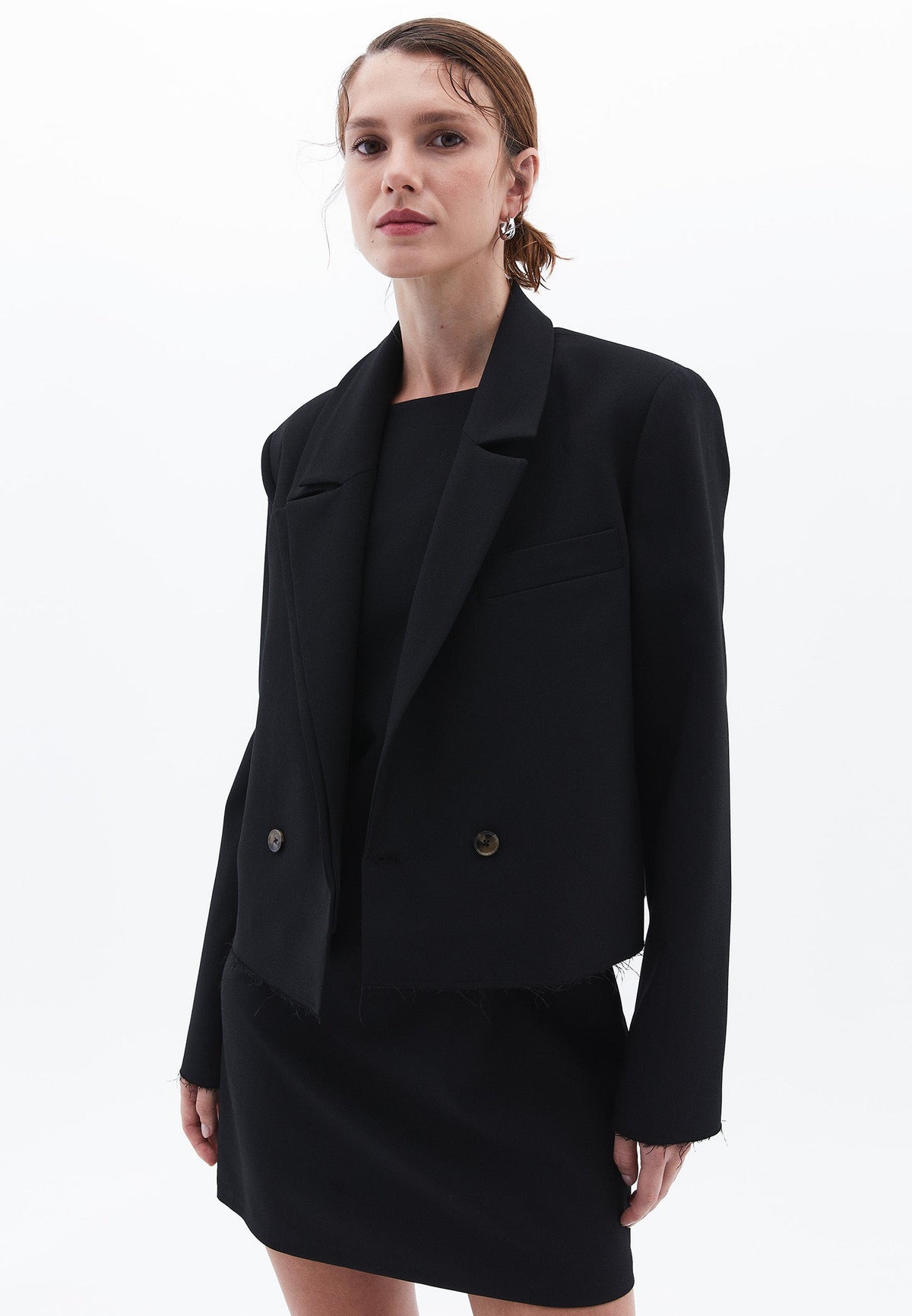 Oversize Crop Blazer Jacket - BLACK