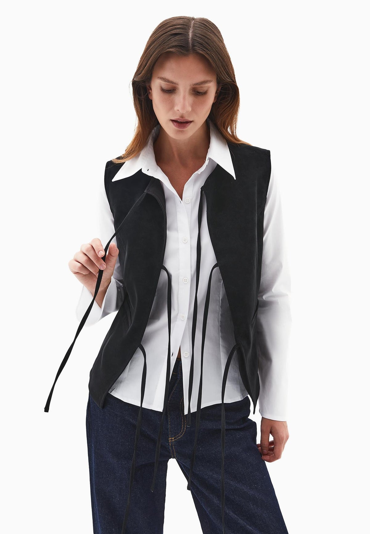 Tie Waist Suede Vest - BLACK