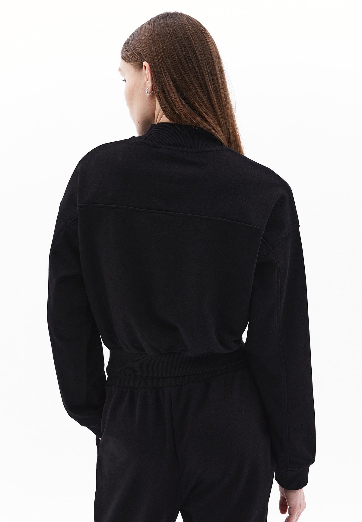High Neck Long Sleeve Cropped Sweatshirt - BLACK
