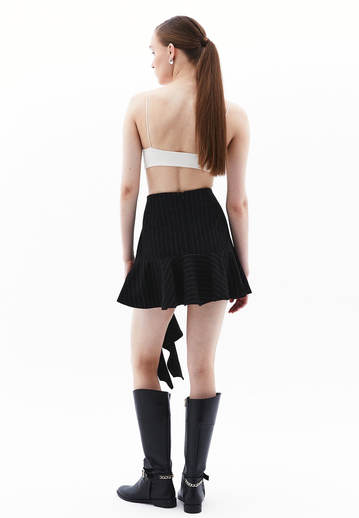 Asymmetric Striped Flared Short Skirt - BLACK