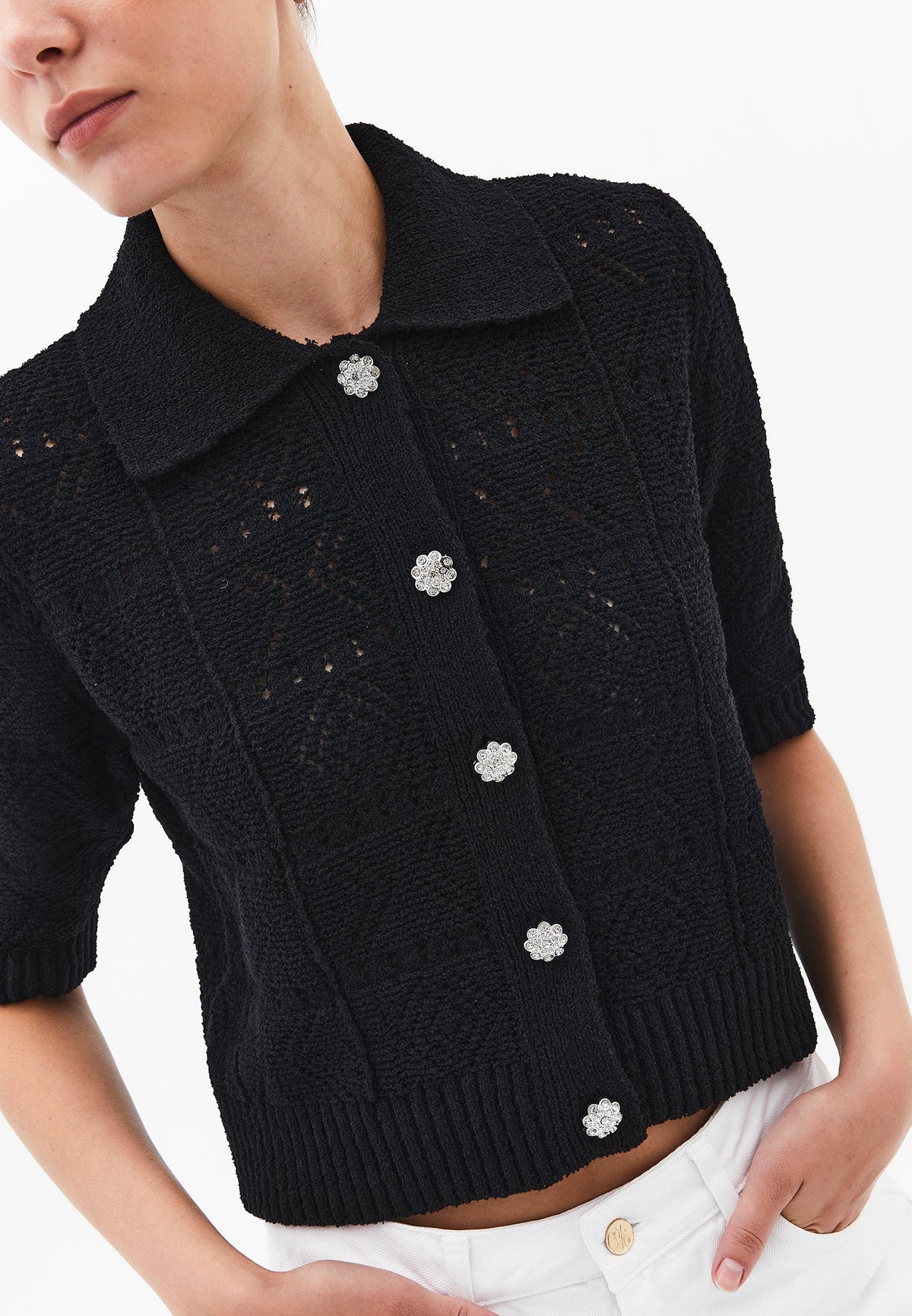 Ajour Short Cardigan With Polo Collar - BLACK