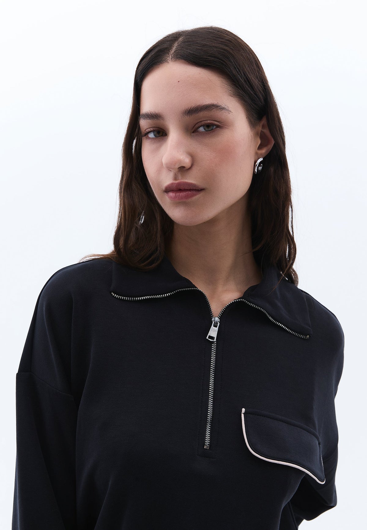 Sweatshirt With Pocket Detail And High Collar - BLACK