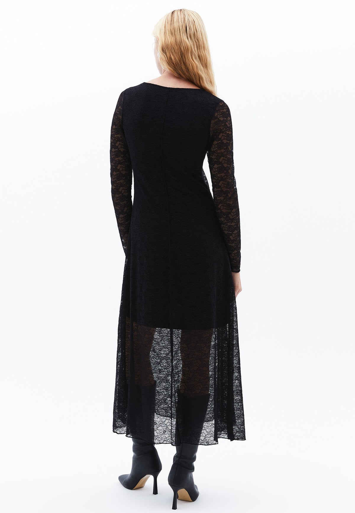 A-Line Long Crew Neck Cut-Out Detailed Dress - BLACK