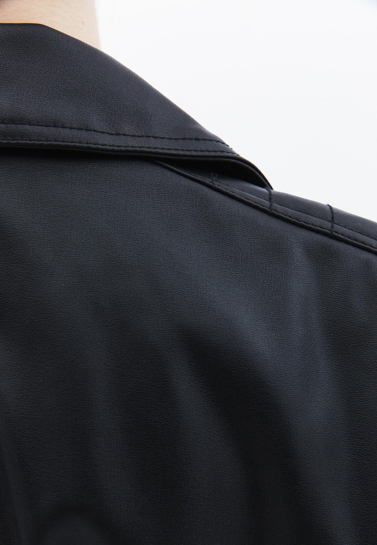 Long Sleeve Leather Jacket With Zipper Detail - BLACK