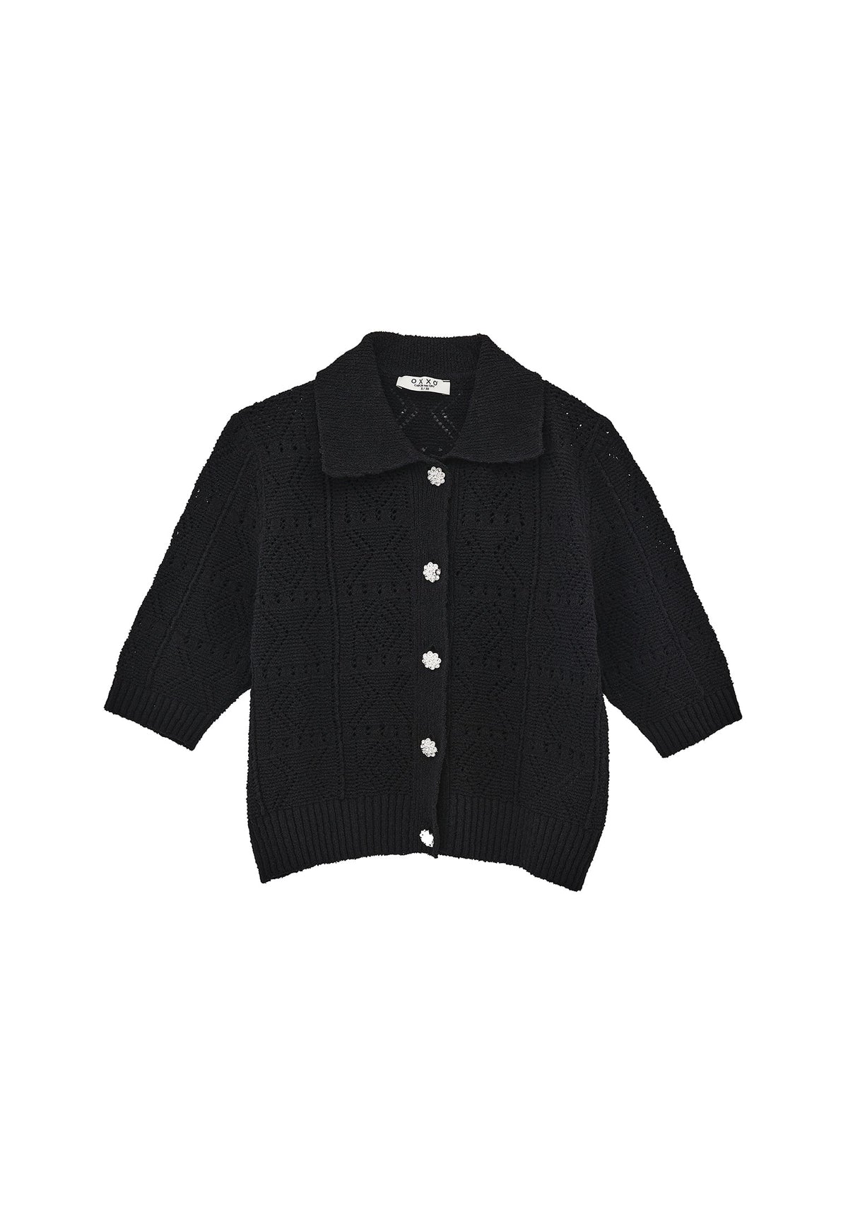 Ajour Short Cardigan With Polo Collar - BLACK