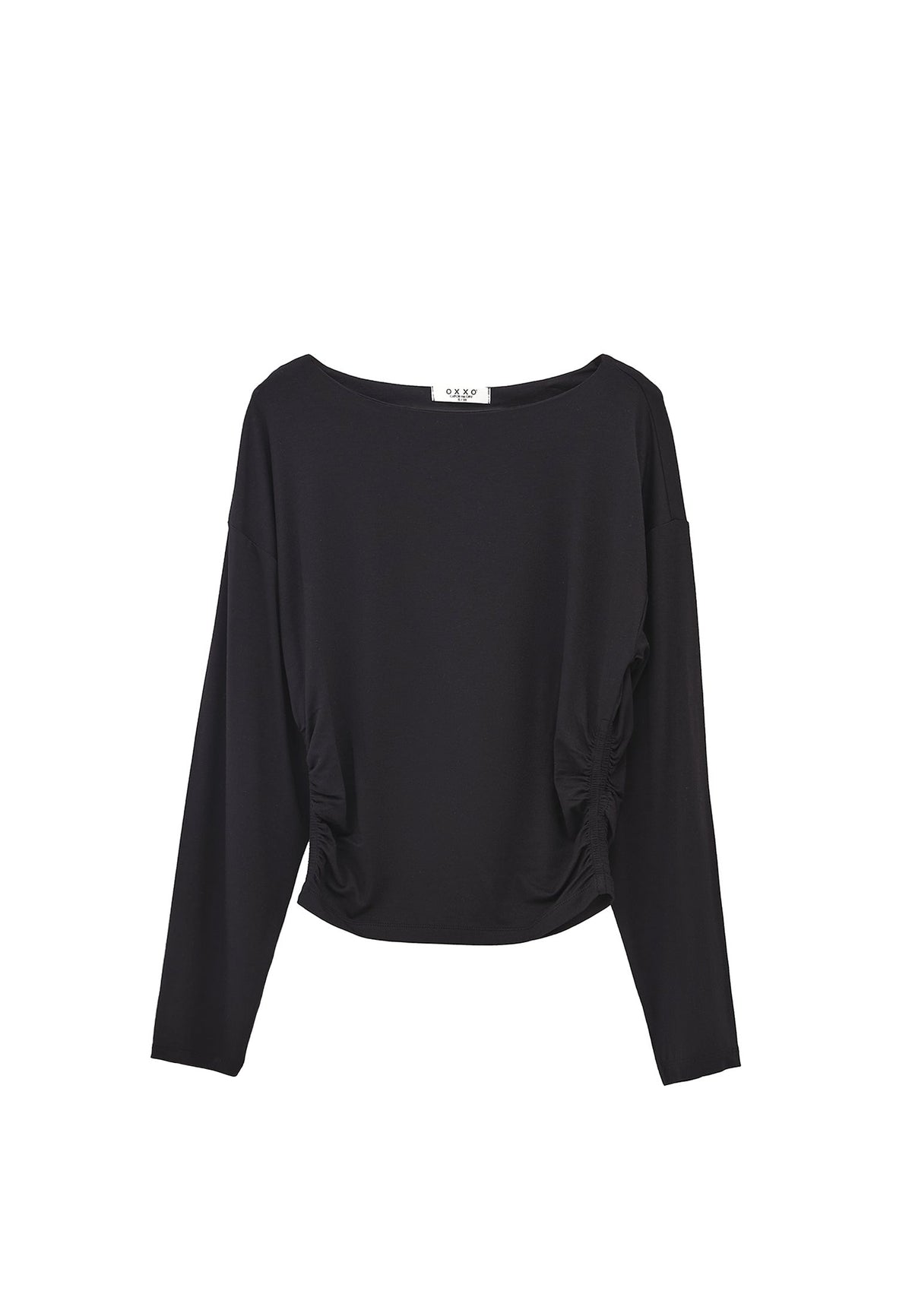 Boat Neck Long Sleeve T-Shirt - BLACK