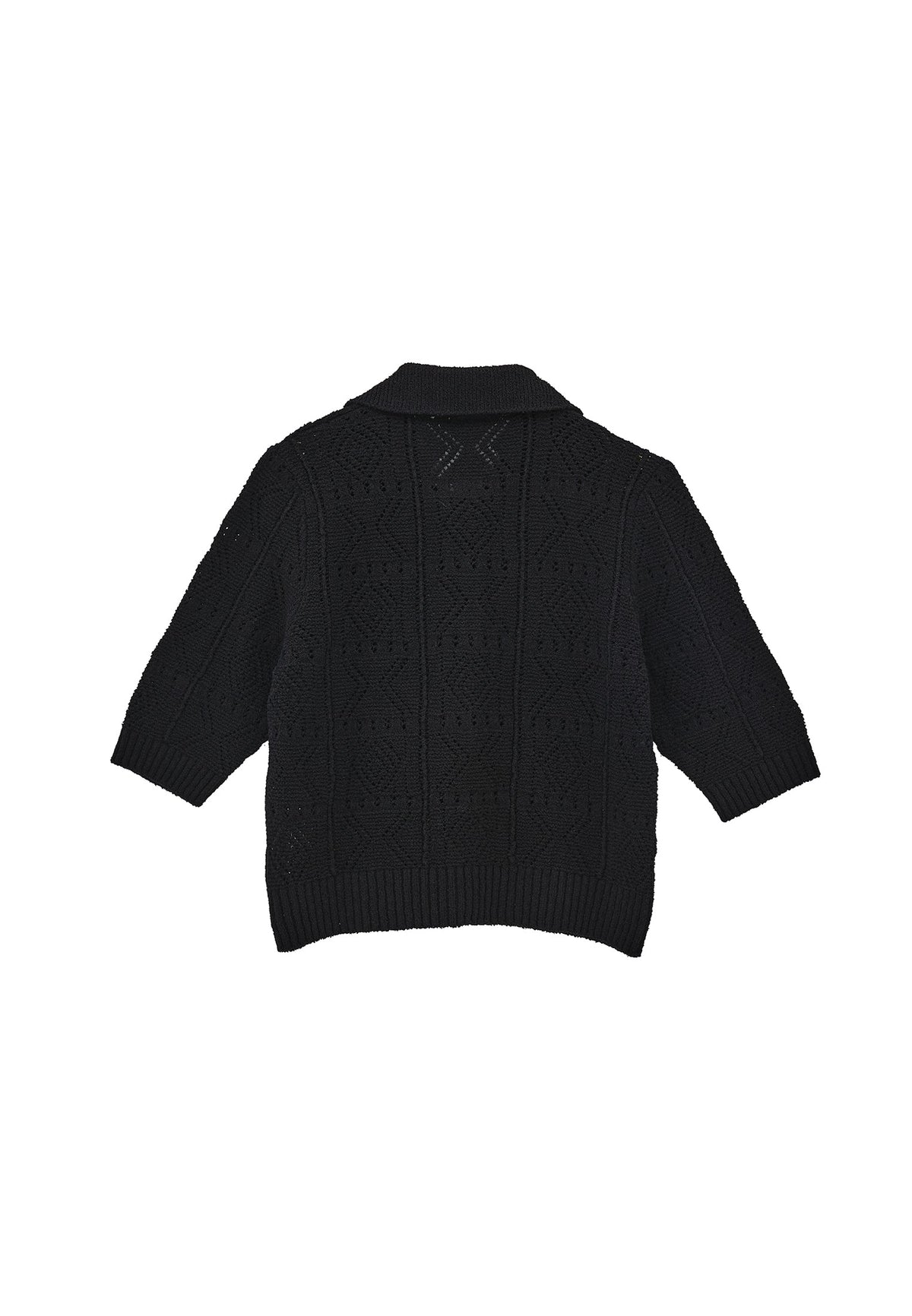 Ajour Short Cardigan With Polo Collar - BLACK