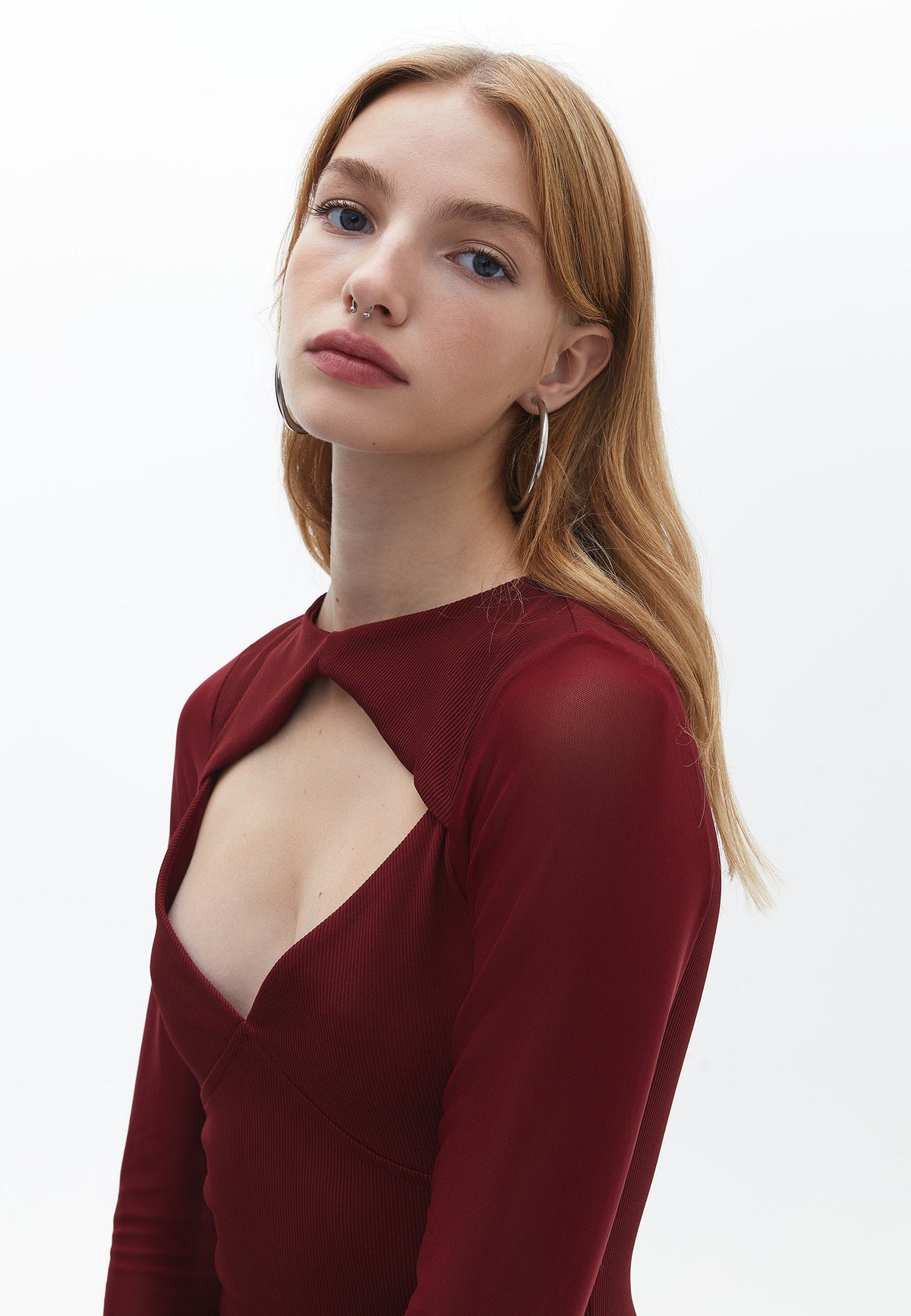 V Neck Long Sleeve Midi Dress - CABERNET