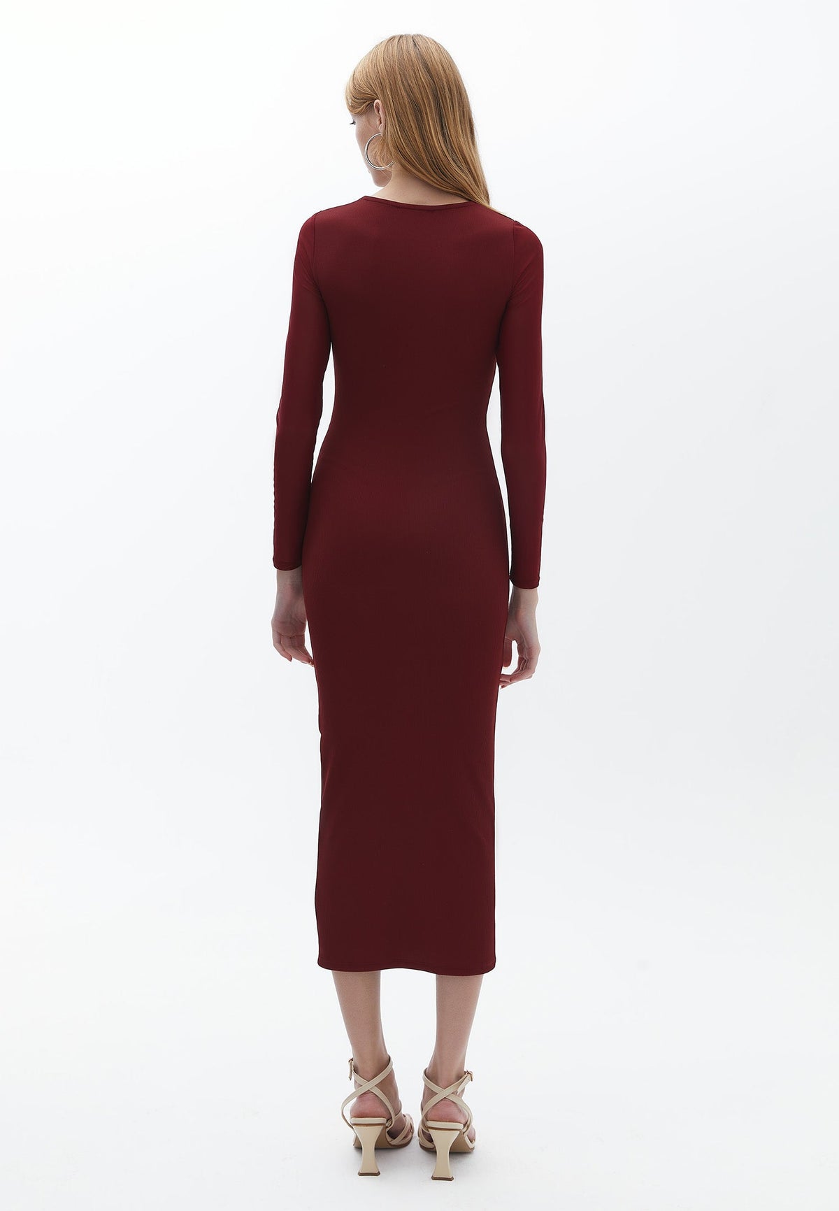 V Neck Long Sleeve Midi Dress - CABERNET