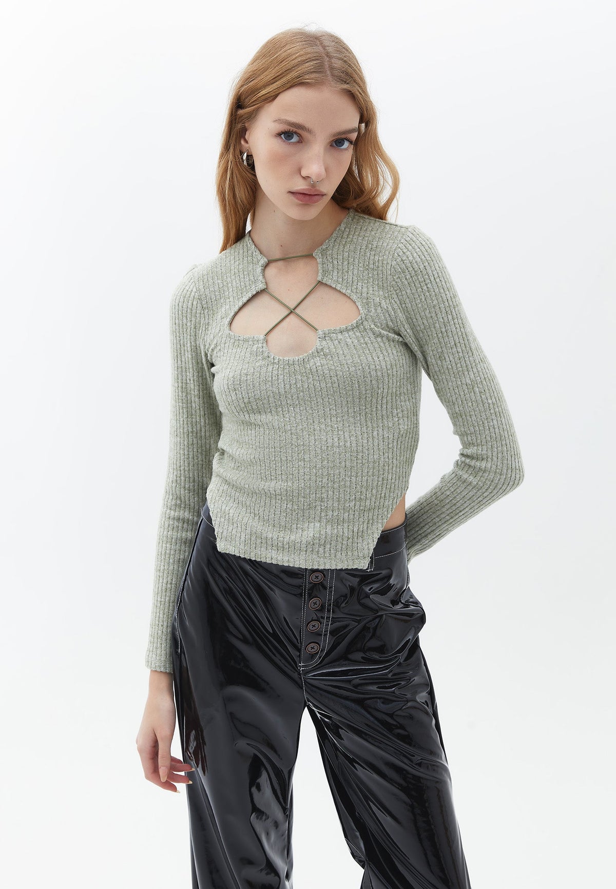 Deep Neck Asymmetric Women's Blouse - CALLISTE GREEN