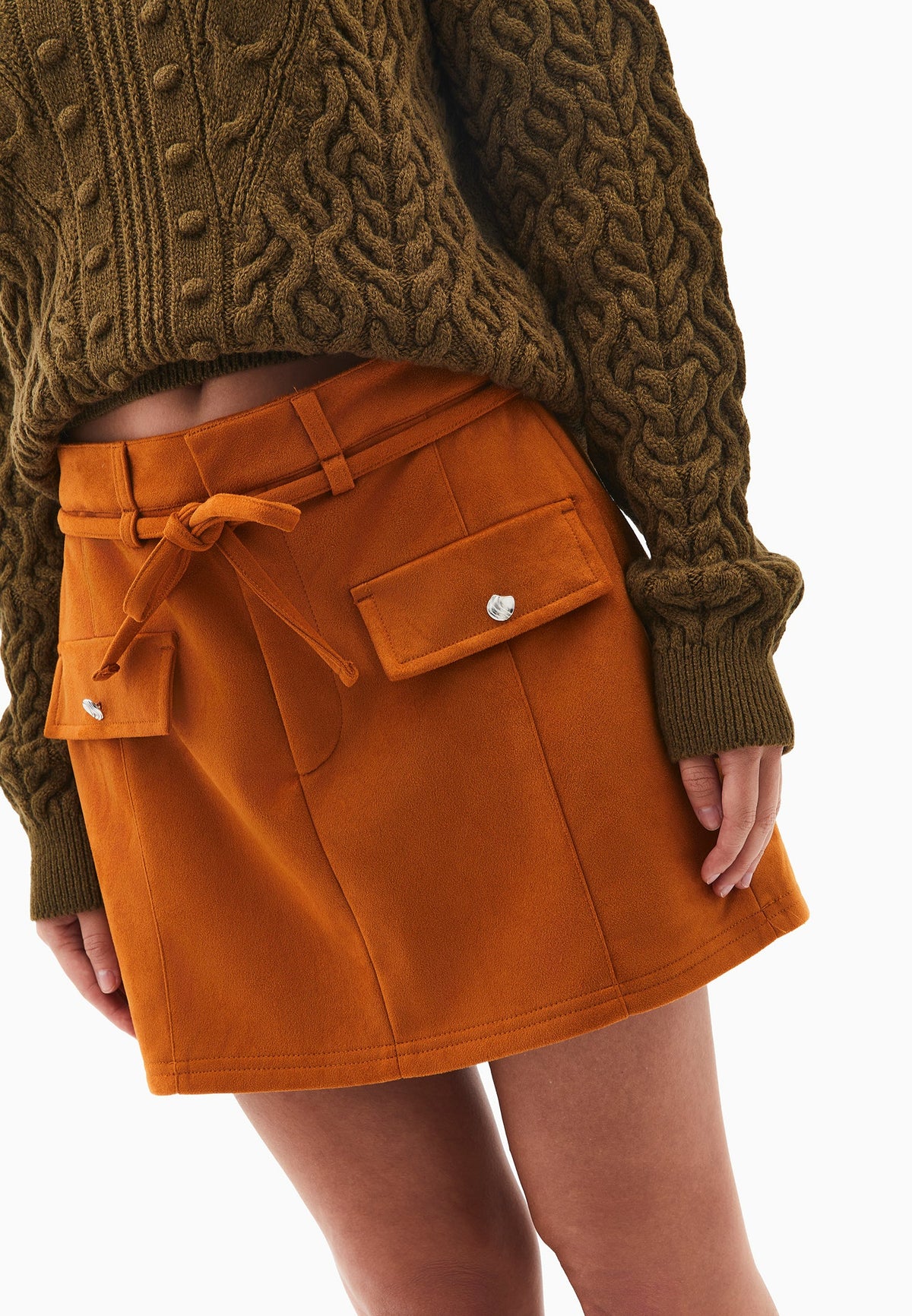 Short High Waist Belted Leather Skirt - CARAMEL CAFE